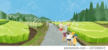 Japanese summer rice field landscape hand-painted watercolor style illustration 107260633