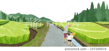 Japanese summer rice field landscape hand-painted watercolor style illustration 107260634