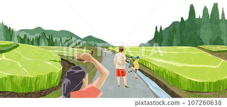Japanese summer rice field landscape hand-painted watercolor style illustration 107260638