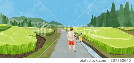 Japanese summer rice field landscape hand-painted watercolor style illustration 107260640