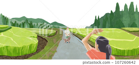Japanese summer rice field landscape hand-painted watercolor style illustration 107260642