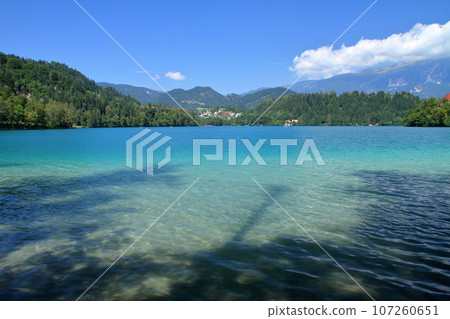 Lake Bled in Slovenia, southern Europe, turquoise surface and the Julian Alps in the background 107260651