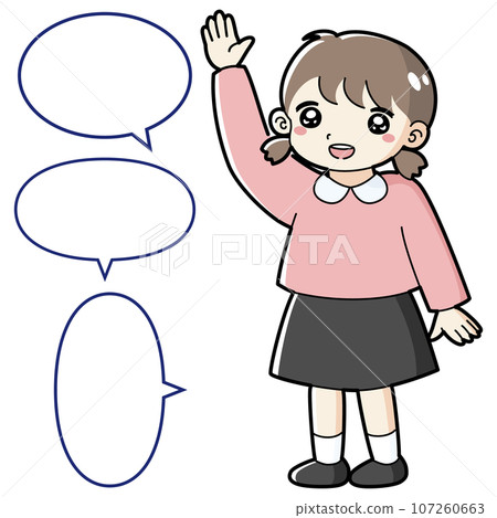 Illustration of a girl raising her hand (with speech bubble) Illustration of a girl raising her hand (with speech bubble) 107260663