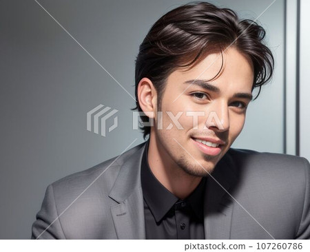 一位英俊的商人在一家公司工作，穿著使用圖像生成 AI 創建的西裝的插圖 107260786