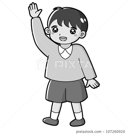一個男孩舉手的插畫(黑白) 一個男孩舉手的插畫(黑白) 107260920