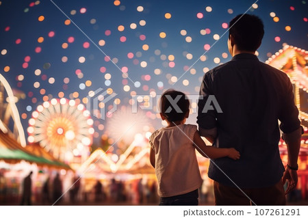 Parent and child holding hands at an amusement park AI generated image AI image 107261291