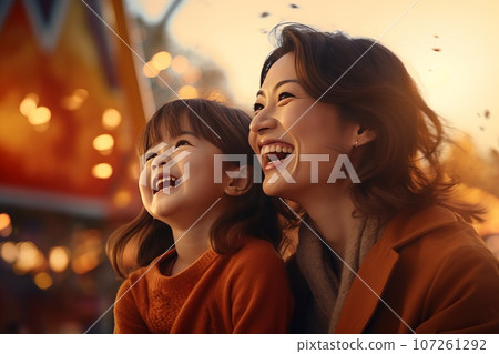 Parent and child having fun at an amusement park AI generated image AI image 107261292