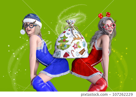 Two women in Christmas costumes are putting their butts together and carrying presents. 107262229