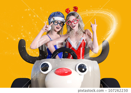 Two women in Christmas costumes pose in reindeer rides 107262230