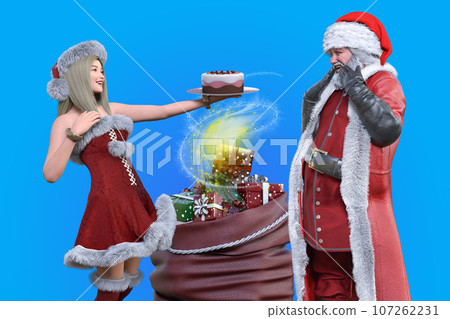 一位穿著聖誕服裝的女人送給聖誕老人聖誕蛋糕 107262231