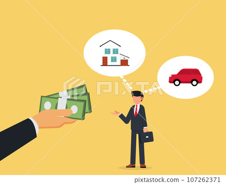 Personal finance management and budget. Businessman thinking about buying a car or a house 107262371