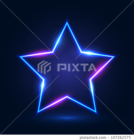 Neon star-shaped frame with shining effects and highlights on a dark blue background. Neon star-shaped frame with shining effects and highlights on a dark blue background. 107262575