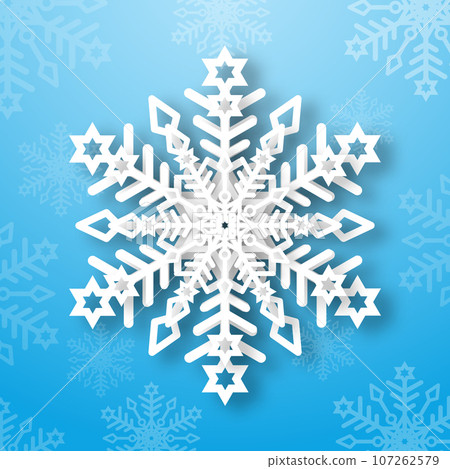 A white matte snowflake on a blue background. Paper snowflake with 3d effect Christmas decoration. A white matte snowflake on a blue background. Paper snowflake with 3d effect Christmas decoration. 107262579