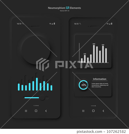 User interface elements for a mobile application in black and blue style. User interface elements for a mobile application in black and blue style. 107262582