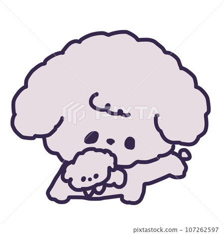 Illustration of a cute toy poodle mother dog holding a puppy in her mouth 107262597