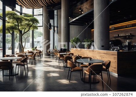 Modern empty coffee shop, trendy interior with wood and greenery 107262874
