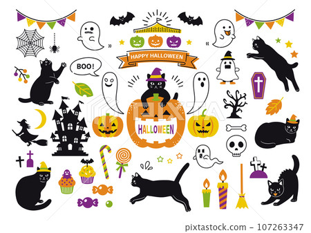 Set of black cat and Halloween illustration materials Set of black cat and Halloween illustration materials 107263347