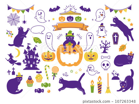 Set of black cat and Halloween illustration materials 107263348