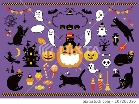 Set of black cat and Halloween illustration materials 107263350
