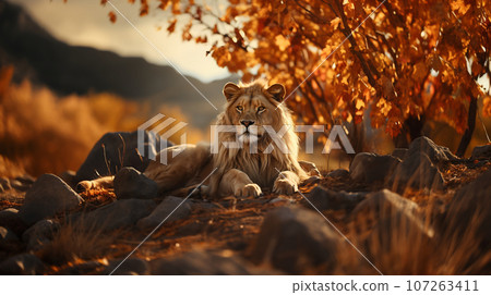 The male lion sat with an elegant position  107263411