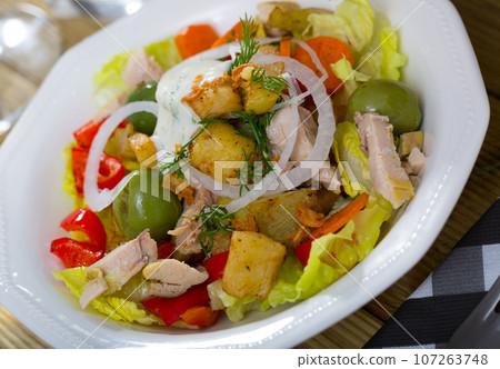 Warm salad with chicken and eggplant Warm salad with chicken and eggplant 107263748