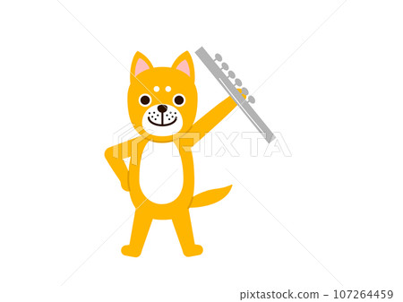 A dog holding a flute high with its hands on its hips A dog holding a flute high with its hands on its hips 107264459