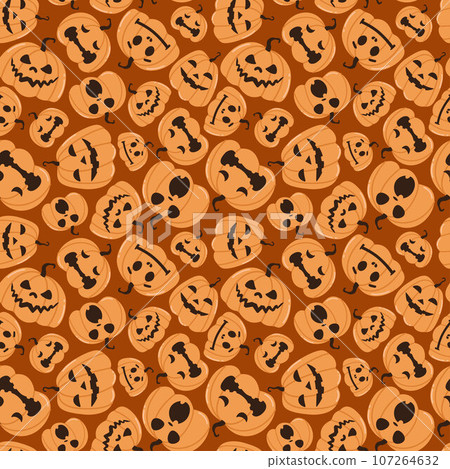 Seamless vector pattern with festive Halloween pumpkins. Jack orange lantern drawn with carved faces. For textile, wrapping paper, fabric design. 107264632