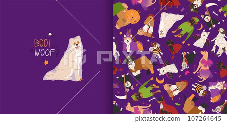 Halloween seamless pattern with dogs in cute halloween costumes. Greeting card with dog in ghost Halloween costume. Vector illustration. Halloween seamless pattern with dogs in cute halloween costumes. Greeting card with dog in ghost Halloween costume. Vector illustration. 107264645