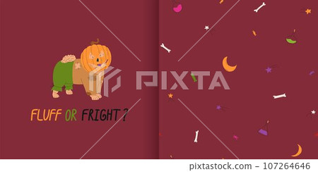 Greeting card with dog in scarecrow Halloween costume and Halloween seamless pattern. Vector illustration. Hand drawn funny lettering. Ideal for holiday cards Greeting card with dog in scarecrow Halloween costume and Halloween seamless pattern. Vector illustration. Hand drawn funny lettering. Ideal for holiday cards 107264646