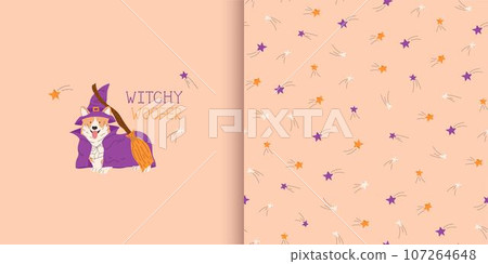 Greeting card with corgi in witch Halloween costume. Halloween seamless pattern with stars. Trick or treat. Vector illustration Greeting card with corgi in witch Halloween costume. Halloween seamless pattern with stars. Trick or treat. Vector illustration 107264648