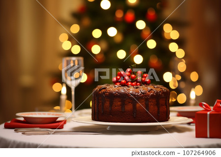 Close up of christmas Pudding on Christmas Dinner table Close up of christmas Pudding on Christmas Dinner table 107264906