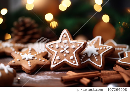 Close Up of many gingerbread christmas cookie on christmas dinner table. 107264908