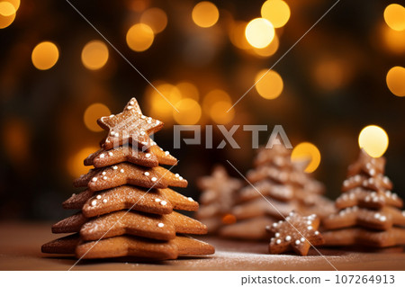 Close Up of many gingerbread christmas cookie on christmas dinner table. 107264913