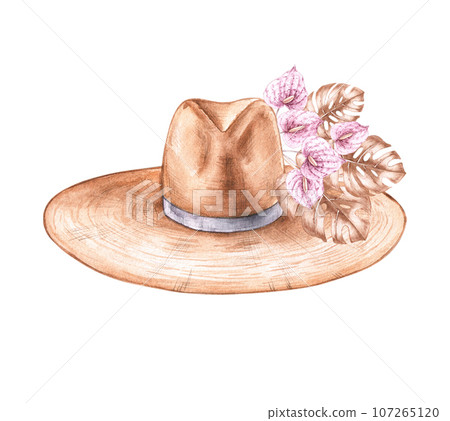 Felt hat in boho style with tropical flowers on a white background Felt hat in boho style with tropical flowers on a white background 107265120