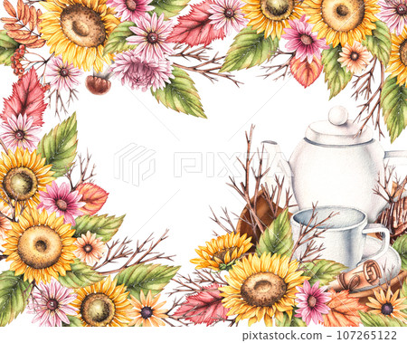 Watercolor autumn floral frame with tea composition Watercolor autumn floral frame with tea composition 107265122