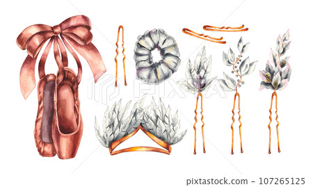 Watercolor ballet accessories Hand drawn hair accessories and pointe shoes 107265125