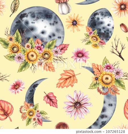 Watercolor pattern with moon on a yellow background 107265128