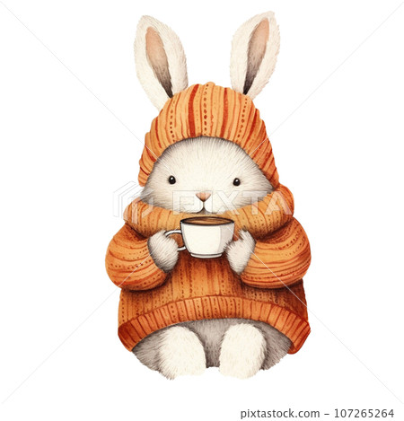Cute Rabbit drinking tea,watercolor style,Autumn season.Created with Generative AI technology. 107265264
