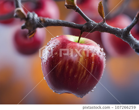 The apples red growing on the branches are rich and colorful. 107266259