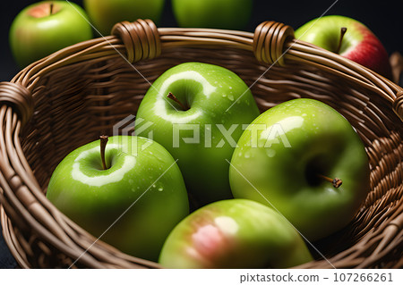 apple color bright green in a wicker basket In the close-up macro view 107266261