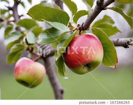 The apples growing on the branches are rich and colorful. 107266265