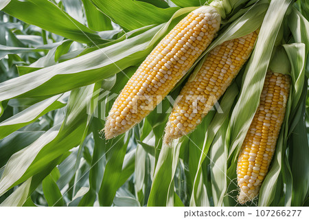 bright yellow corn green corn leaf background 107266277