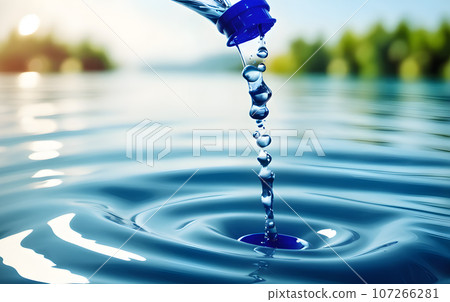 pour water into the river Create beautiful waves, water drops, and water splashes. Macro view. 107266281