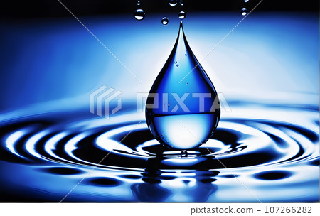 Waves of water drops falling to the surface of the water water droplets spread Blue background and lights 107266282