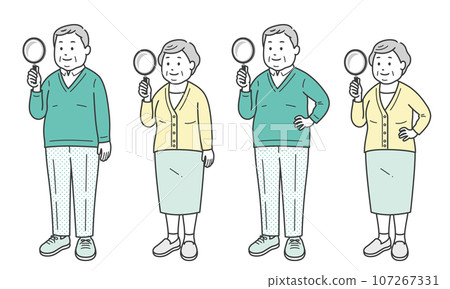 拿著放大鏡的老年超重男人和女人 拿著放大鏡的老年超重男人和女人 107267331