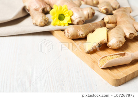 Seasoning and spices concept - ginger, homemade seasoning Seasoning and spices concept - ginger, homemade seasoning 107267972
