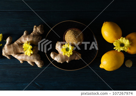 Seasoning and spices concept - ginger, homemade seasoning 107267974