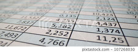 Investigation paper sheet with columns of digits in office 107268030