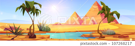 Desert landscape with lake and palm trees in oasis 107268217