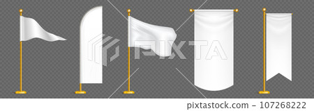 Set of white silk flags on golden poles Set of white silk flags on golden poles 107268222